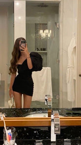 One-Shoulder Black Satin Tight Homecoming Dress with Built-in Bra
